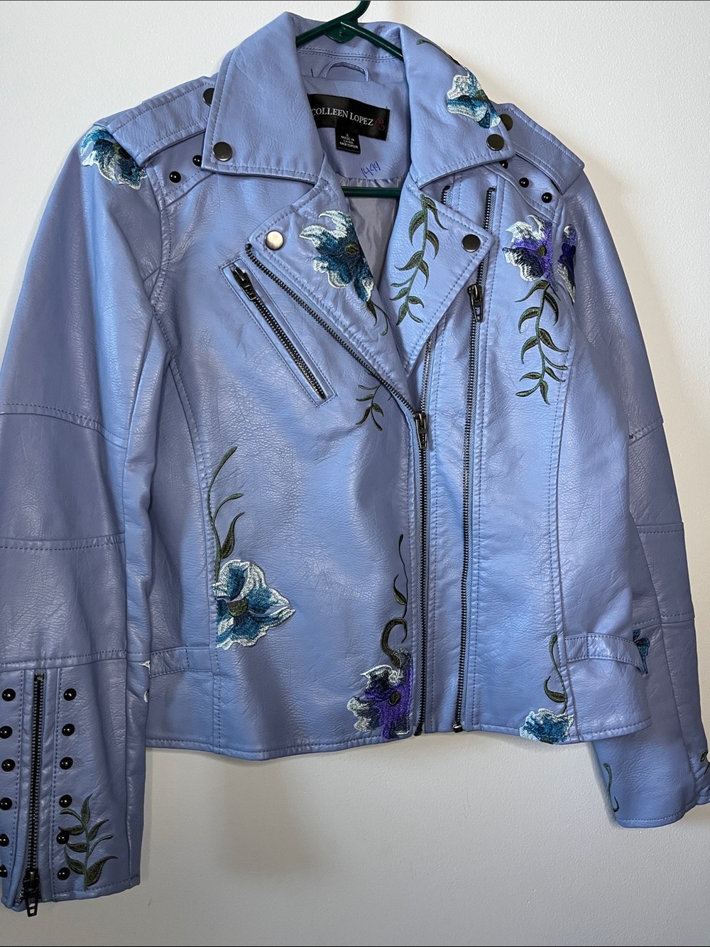 Colleen Lopez Floral Embroidered Faux Leather Moto Jacket periwinkle blue